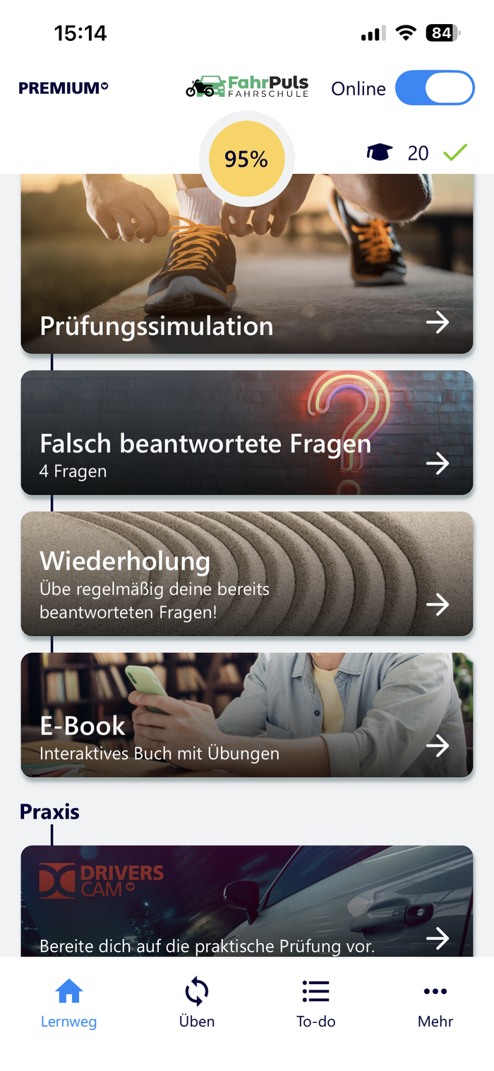 Fahren-Lernen-App mit Prüfungssimulation, Wiederholungen und E-Book