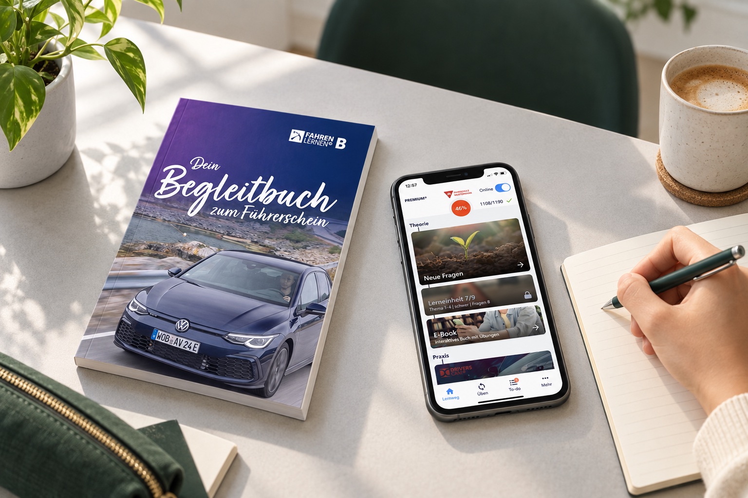 Fahren-Lernen-Begleitbuch, Lern-App und Notizbuch auf einem hellen Schreibtisch – gestaltete Lernsituation
