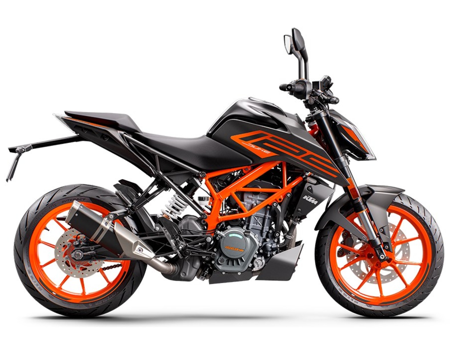 Schwarz-orange KTM 125 Duke in Seitenansicht